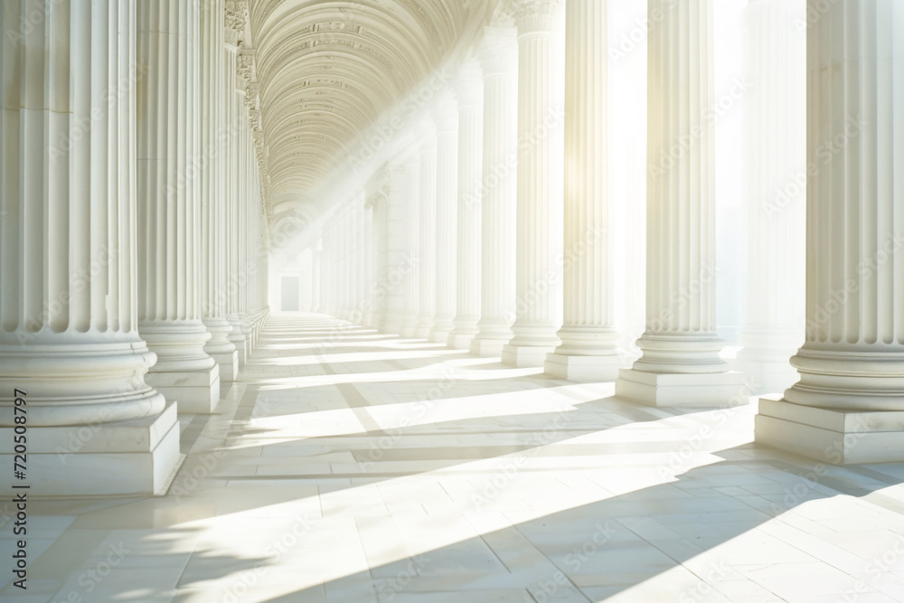 The sunlight shines through columns in a long and white corridor 