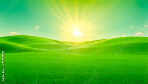 Beautiful panoramic natural landscape of a green field with grass against a blue sky with sun. Background of a summer landscape with a green grass field and blue sky © Nana Lpic