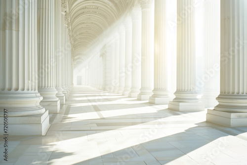 The sunlight shines through columns in a long and white corridor 