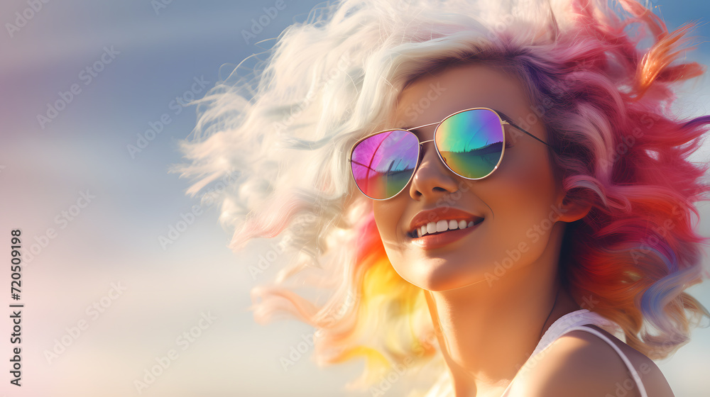 a young woman dressed in rainbow sunglasses a young woman dressed in rainbow sunglasses