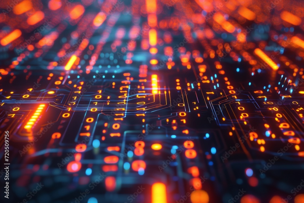 Closeup Captures Microchip With Glowing Circuits And Binary Code Overlay. Сoncept Closeup Photography, Microchip, Glowing Circuits, Binary Code Overlay Closeup Captures Microchip With Glowing Circuits And Binary Code Overlay. Сoncept Closeup Photography, Microchip, Glowing Circuits, Binary Code Overlay