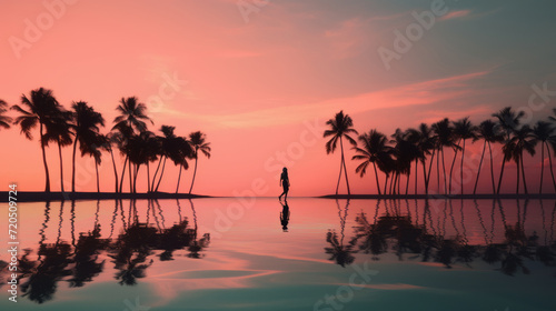 Silhouette of a beautiful woman walking in a dreamy seascape with palms at sunset  mental health  emotional balance  calm  relaxing  wallpaper  background 