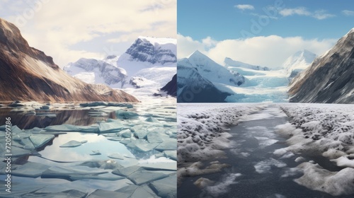 A collage of two photos - an Arctic landscape showing the problem of Climate Change, warming, and ecology.