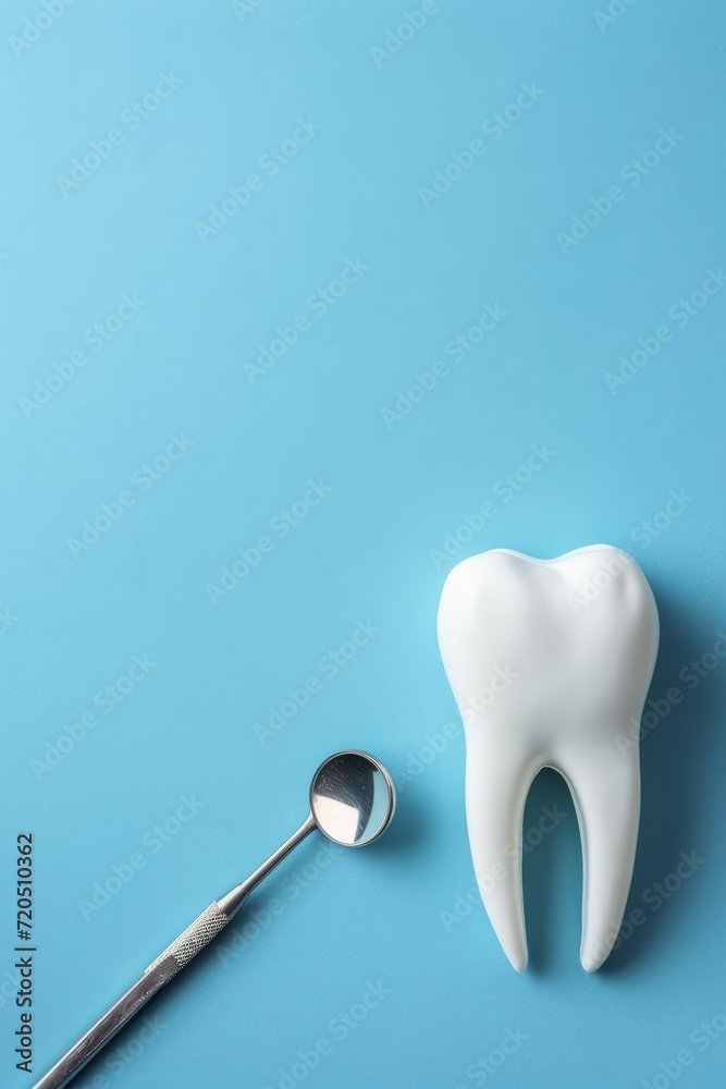 Vertical image of a blue postcard with a white fake tooth, concept of dentistry, dental care and international dentist day celebration Vertical image of a blue postcard with a white fake tooth, concept of dentistry, dental care and international dentist day celebration