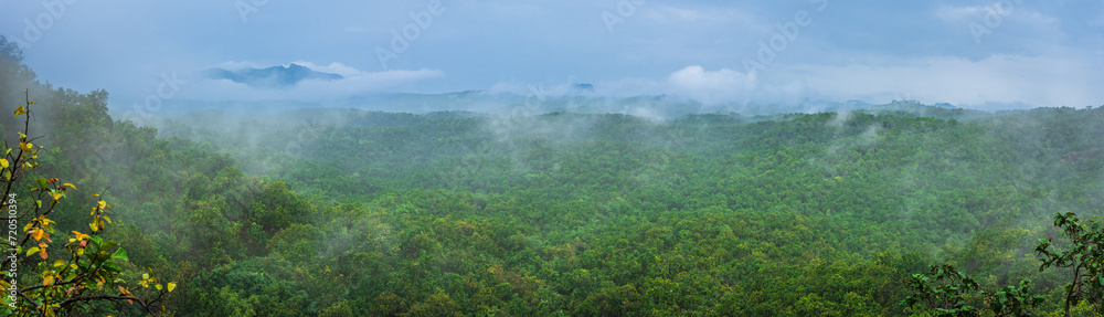 Panoramic view of Pachmarhi valley having clouds and mist shrouded hills rolling on each other from vantage point Green Valley view point in Pachmarchi, Madhya Pradesh, India.