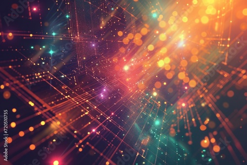 Abstract And Colorful Grid Is Surrounded By Glowing Particles  Depicting Technology Abstracts
