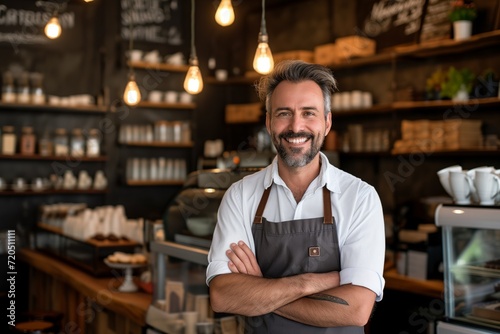 Confident Caf Owner Showcasing Pride In His Cozy Coffee Shop, Successful Entrepreneur