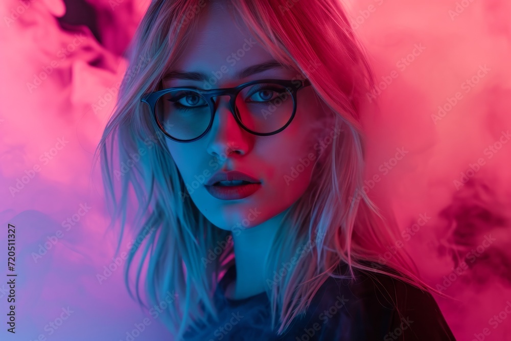 Fashionable Young Girl With Blond Hair And Glasses Poses Amid Neonlit Smoke