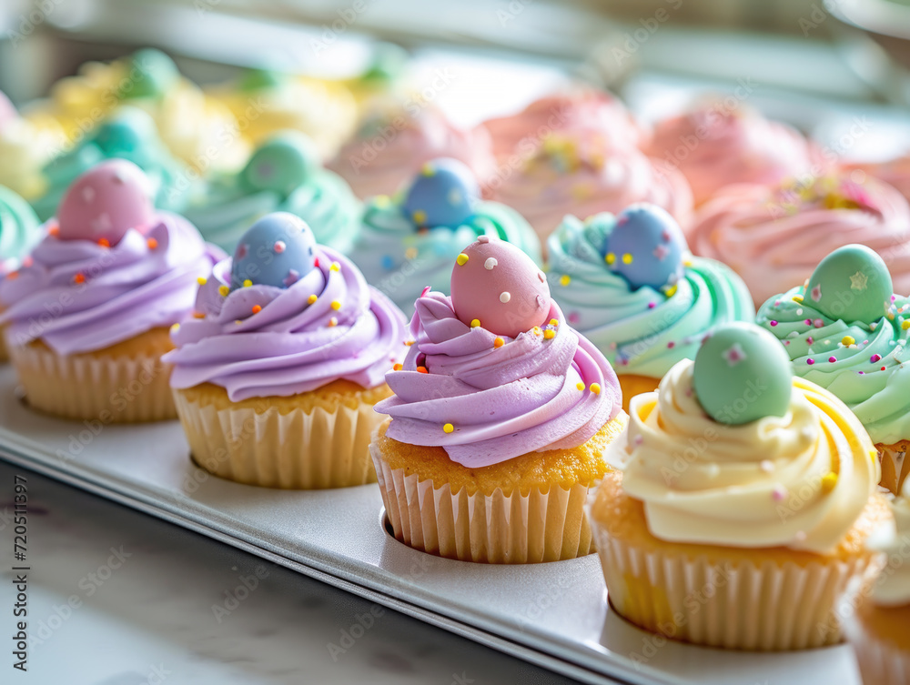 A tray of festive Easter cupcakes with pastel frosting and egg-shaped decorations on a kitchen counter, ready for a spring celebration.
