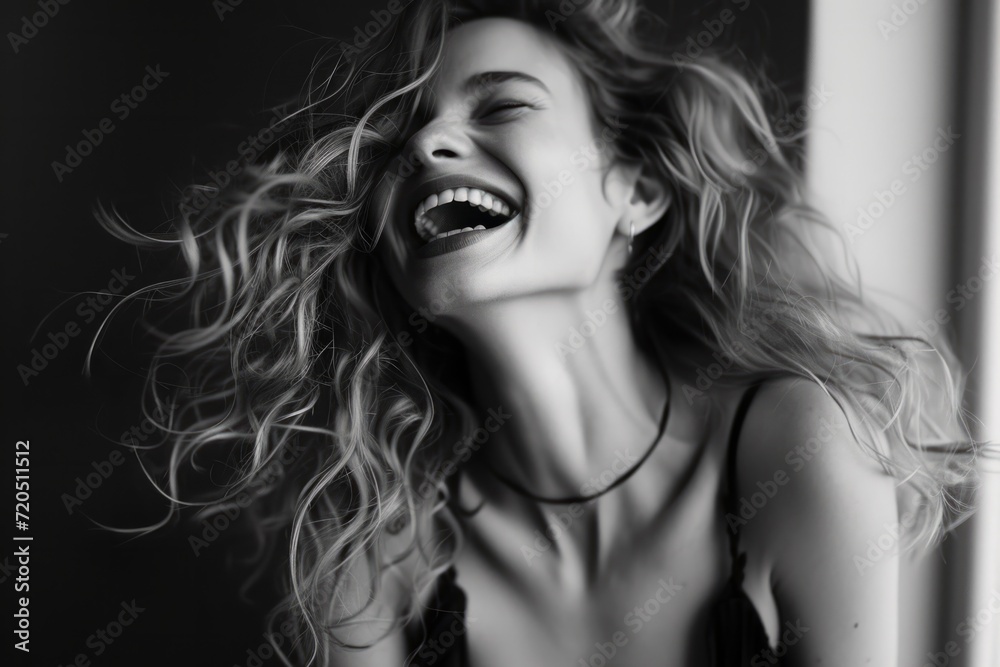 In Candid Moment Of Laughter, Supermodel Is Captured Offguard. Сoncept Fashion Editorial, Dramatic Lighting, Runway Ready, High Fashion Haute Couture In Candid Moment Of Laughter, Supermodel Is Captured Offguard. Сoncept Fashion Editorial, Dramatic Lighting, Runway Ready, High Fashion Haute Couture