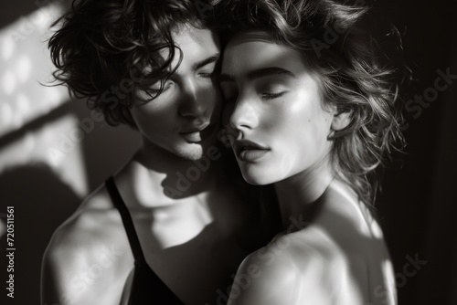 In Couples Shoot, Supermodel Exudes Chemistry And Connection. Сoncept Glamorous Fashion Shoot, Elegant Evening Gowns, High Fashion Editorial, Avant-Garde Couture, Dramatic Black And White Portraits