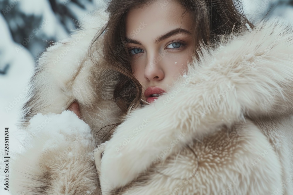 In Winter Fashion Shoot, Supermodel Poses With Snow And Fur Coats. Сoncept Winter Wonderland, High Fashion, Snowy Backdrop, Luxurious Fur Coats, Supermodel Poses