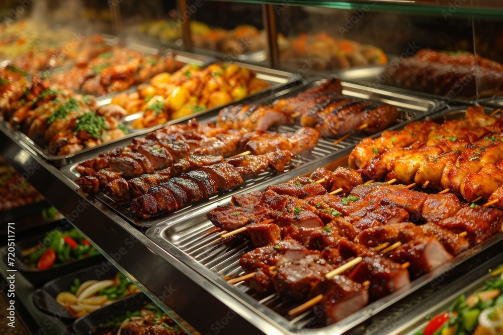 Indulge In Delectable Variety Of Grilled Meats At Indoor Restaurant Buffet