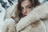 In Winter Fashion Shoot, Supermodel Poses With Snow And Fur Coats. Сoncept Winter Wonderland, High Fashion, Snowy Backdrop, Luxurious Fur Coats, Supermodel Poses