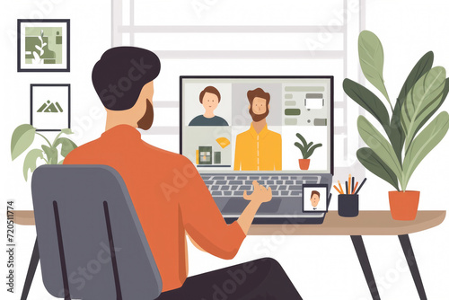 Illustration of a man in a home office environment engaging in a video conference call with colleagues on his laptop, with plants and home decor in the background.