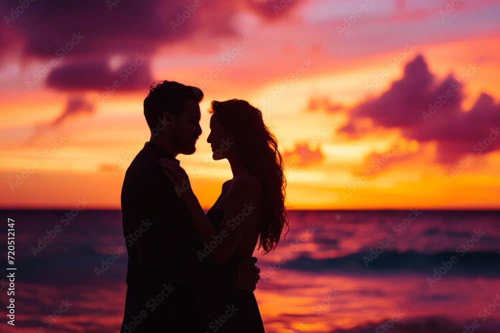 Romantic Silhouettes Embrace Against Vibrant Sunset Backdrop On Sandy Beach