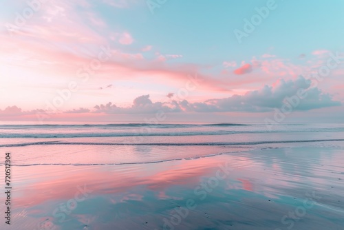 Soft Pastel Colors Paint Empty Beach At Sunrise
