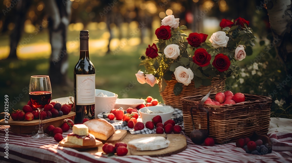 Serene Valentine's Day picnic with wine and roses outdoors
