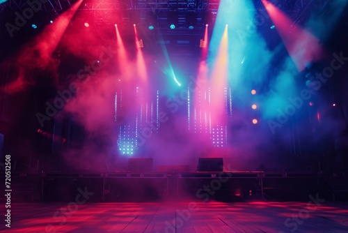 Vibrant Concert Stage Illuminated By Colorful Lights And Engulfed In Smoky Atmosphere
