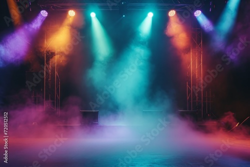 Vibrant Concert Stage Illuminated By Colorful Lights And Engulfed In Smoky Atmosphere