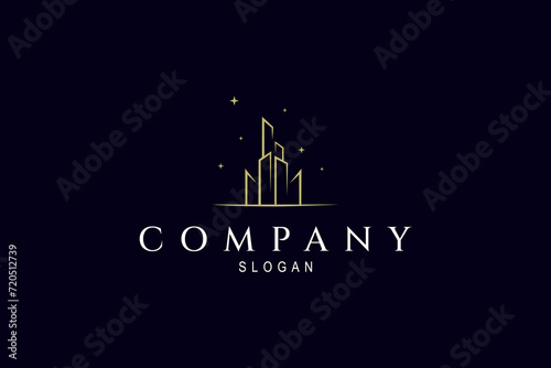 Elegant skyscraper city building logo decorated with stars in luxury line art design style