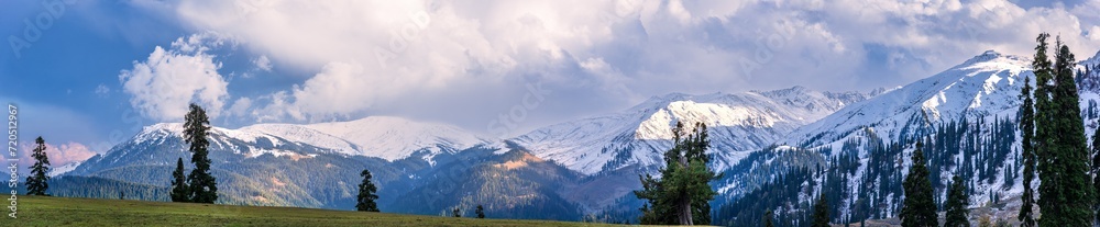 Serene Landscape of majestic Pir Panjal mountain range of Himalayas in kashmir valley from Koongdoori view point in Gulmarg hill station, Baramula, India.