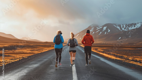People are running in the middle of the road against the backdrop of a beautiful mountain landscape.