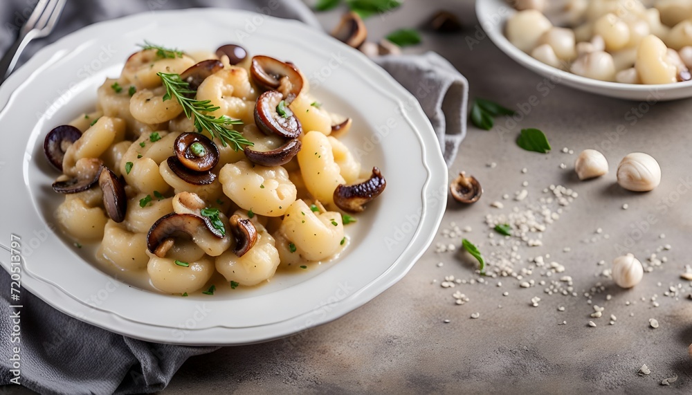 Gnocchi with mushrooms close-up. Cooked potato gnocchi with fried champignons and onions in a white plate on a light concrete table. Italian cuisine.
