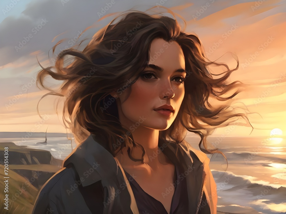Painting woman standing on windy coast at sunset. Generative AI Painting woman standing on windy coast at sunset. Generative AI