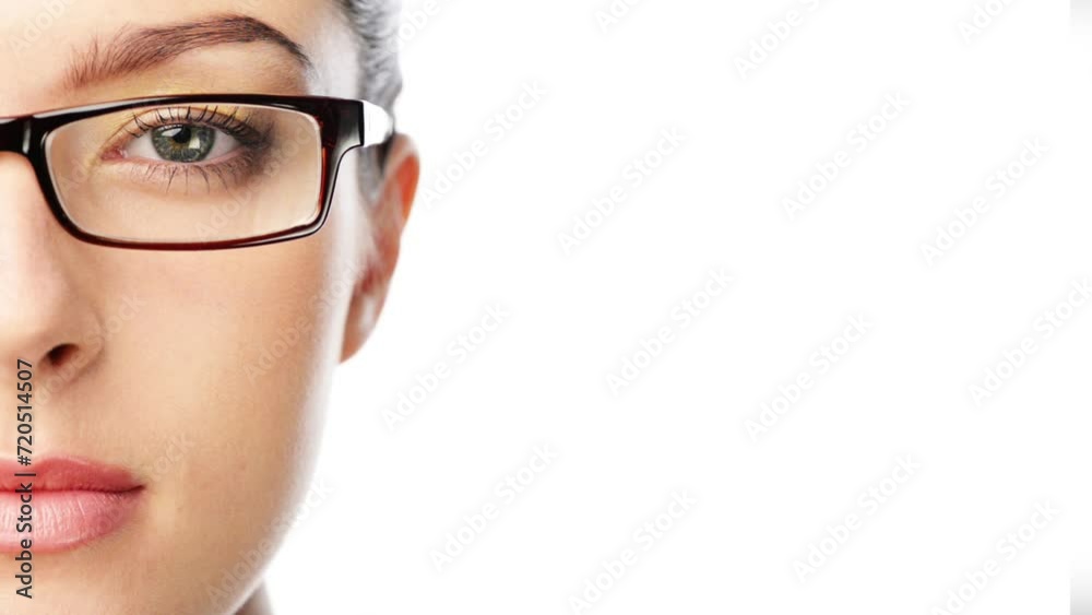 Eye, glasses and vision, woman face and optometry, pupil or retina with eyecare on white background. Prescription lens, frame and spectacles for eyesight, mockup space on banner and health in studio Eye, glasses and vision, woman face and optometry, pupil or retina with eyecare on white background. Prescription lens, frame and spectacles for eyesight, mockup space on banner and health in studio