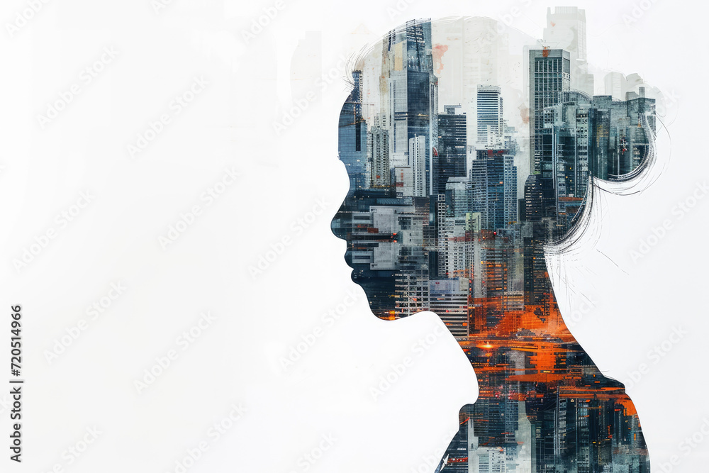 An innovative blend of conceptual art, where the city becomes a part of the human profile, illustrating the power of imagination. An innovative blend of conceptual art, where the city becomes a part of the human profile, illustrating the power of imagination.