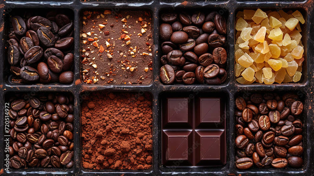 Chocolate coffee grain in the box texture with shades of chocolate, creating the effect of packed and appetizing coffee Chocolate coffee grain in the box texture with shades of chocolate, creating the effect of packed and appetizing coffee
