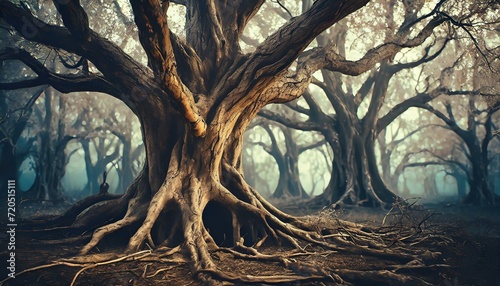 Background with dry bare trees in winter forest. 