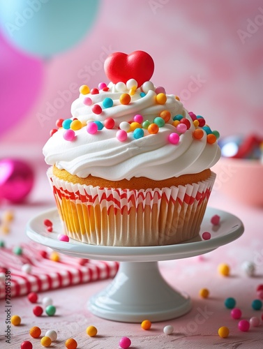 Cupcake with frosting sitting on middle of party table, red heart shape on top, bright color background 