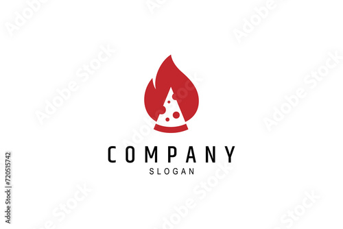 Pizza slice logo with fire. spicy pizza logo. flat vector logo design