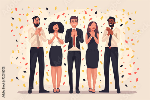 Illustration image capturing the moment of employee recognition with colleagues applauding and celebrating, Focus on the joy and appreciation in their expressions, Business team clapping together