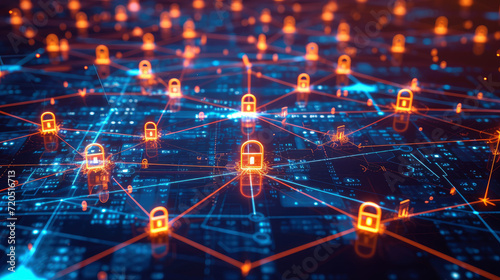 Cybersecurity, featuring a digital network map enhanced with encryption and binary locks, symbolizing robust data protection. photo