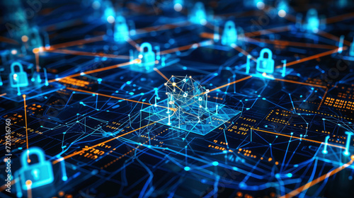 Internet security, combines a network grid with binary code and digital locks, highlighting the importance of secure network connections.