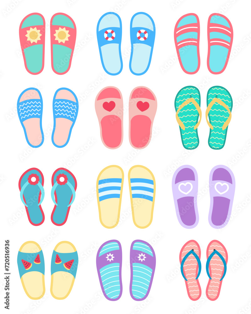 Flat design of summer flip-flops. A set of summer slippers. Vector illustration of open shoes