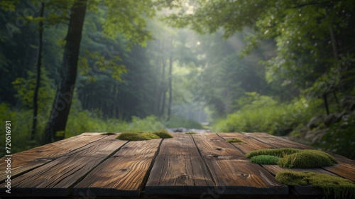 Enhance your outdoor design presentations with this wooden table in a tranquil forest environment  creating a natural and inviting backdrop for your mockups.