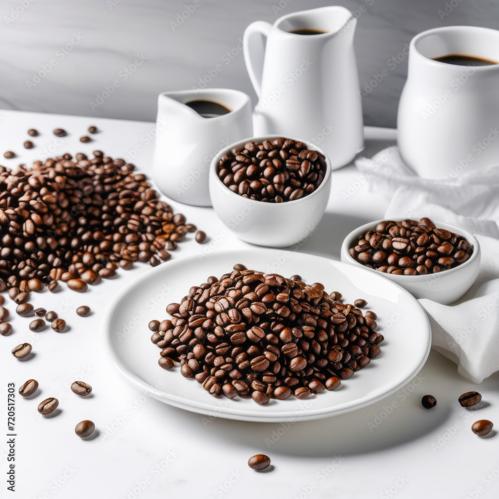 coffee beans and cup, coffee beans diffused on the table coffee beans and cup, coffee beans diffused on the table
