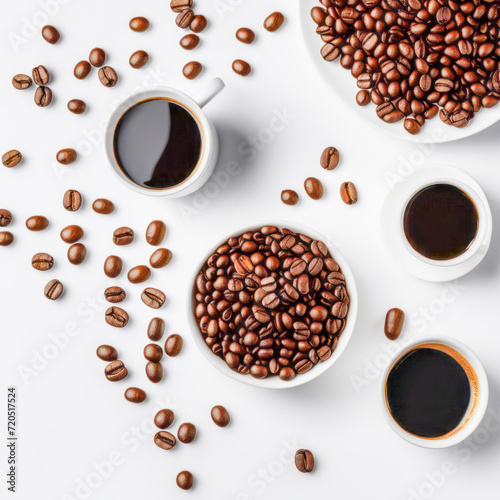 coffee beans and cup, coffee beans diffused on the table