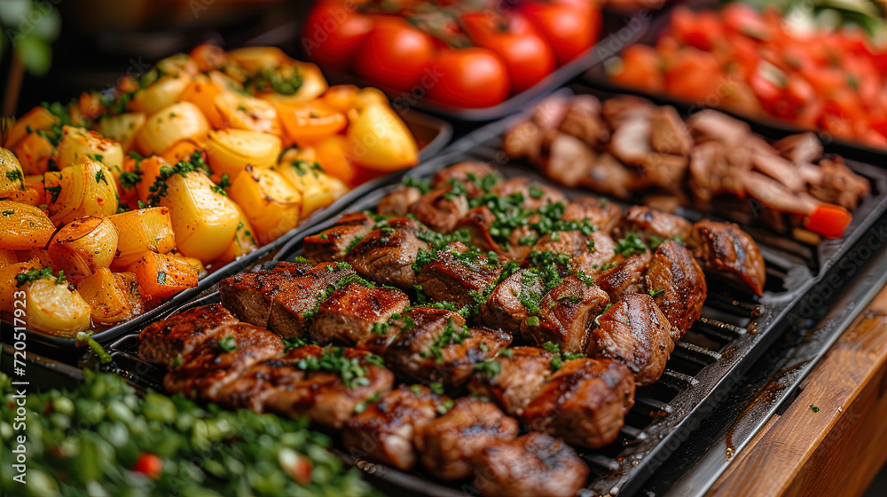 Restaurant catering provides a buffet with grilled meat for a buffet at any festive eve Restaurant catering provides a buffet with grilled meat for a buffet at any festive eve