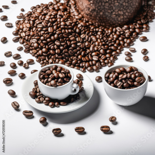 coffee beans and cup  coffee beans diffused on the table