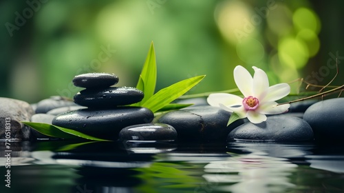 Zen stones  bamboo  flower and water in a peaceful zen garden  relaxation time  wellness and harmony  massage  spa and bodycare concept