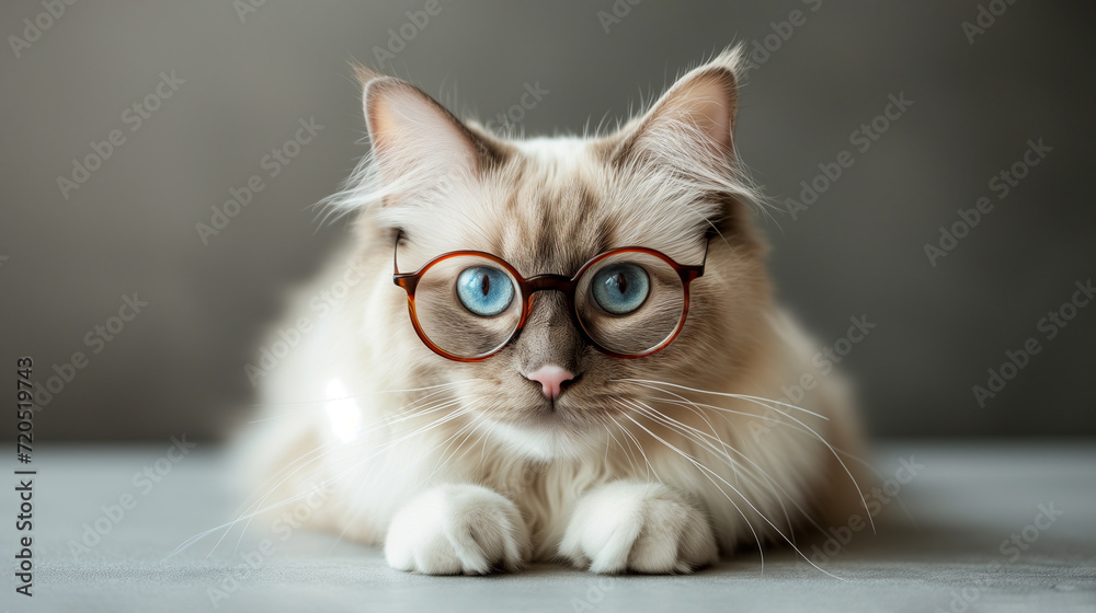 Fototapeta premium Portrait of a Ragdoll Cat with Glasses 