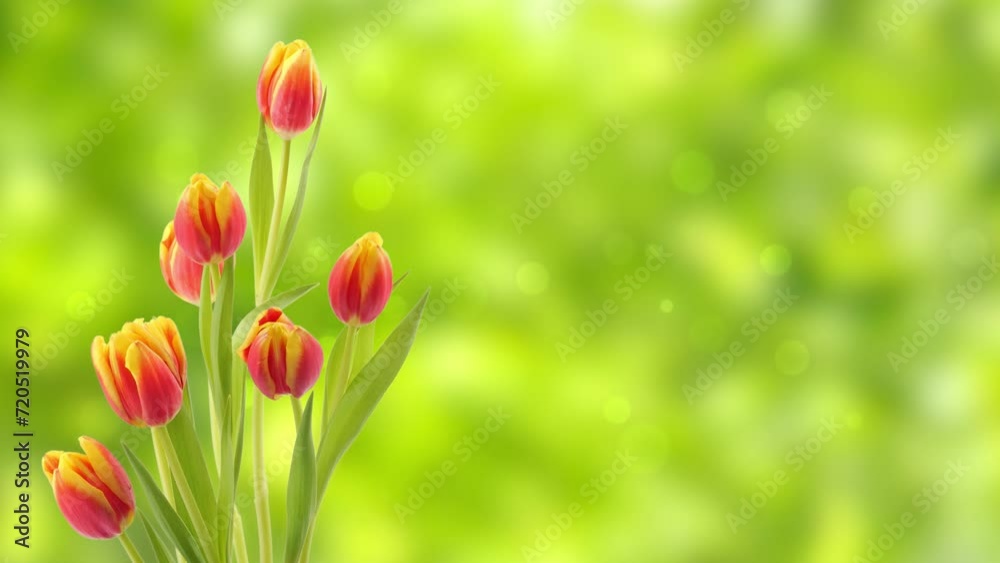 isolated orange tulip flower on fresh green bokeh light animation background with copy space, slow motion rotation in sunny spring idyll, 4k happy easter card with floral decoration