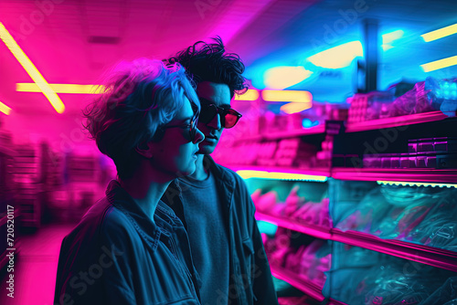 Friends looking cool in 80s styled synthwave store. People in supermarket.