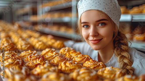 The bakerwoman is engaged in the manufacture of various types of desserts on the production li