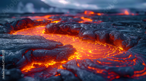 The flickering glare of light on the surface of the lava flow, creating the impression of a living fi